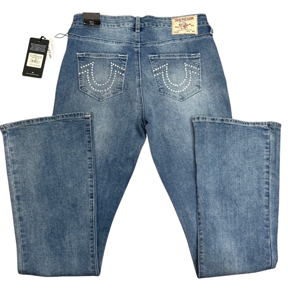 True Religion Becca Mid Rise Bootcut Jeans 29 Medium Wash Crystal Detail NWT